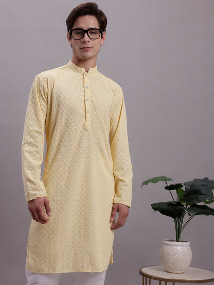 Jompers Men's Yellow Chikankari Embroidered and Sequence Kurta with Pyjama