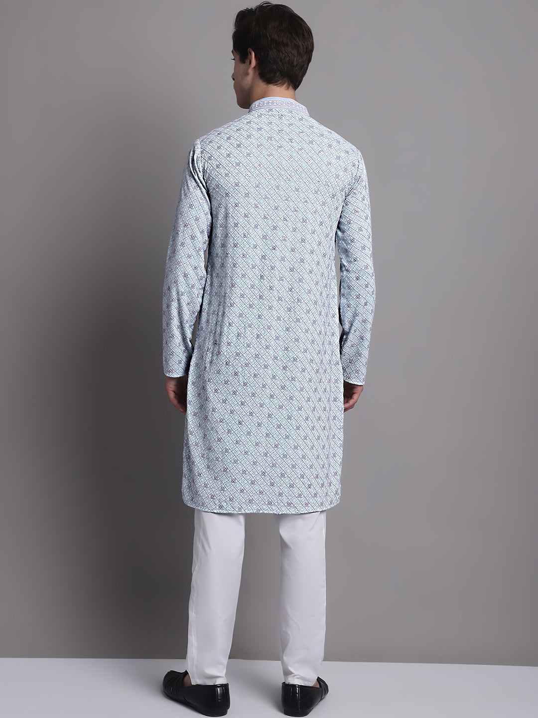 Jompers Men's Blue Chikankari Embroidered and Sequence Kurta with Pyjama