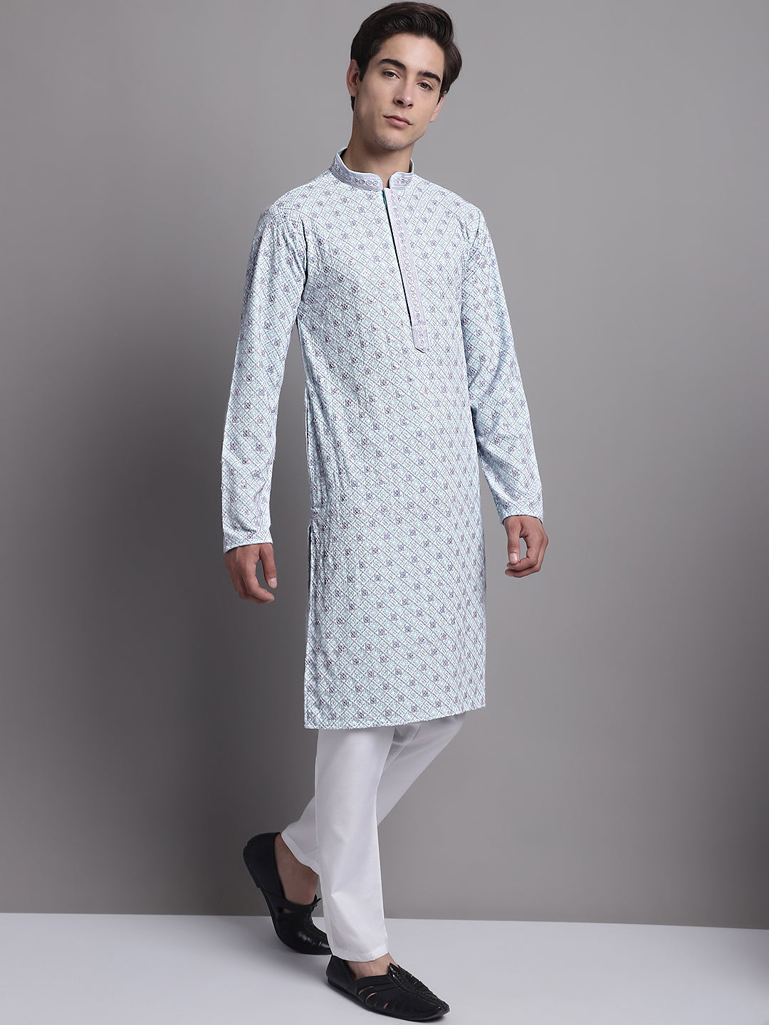 Jompers Men's Blue Chikankari Embroidered and Sequence Kurta with Pyjama