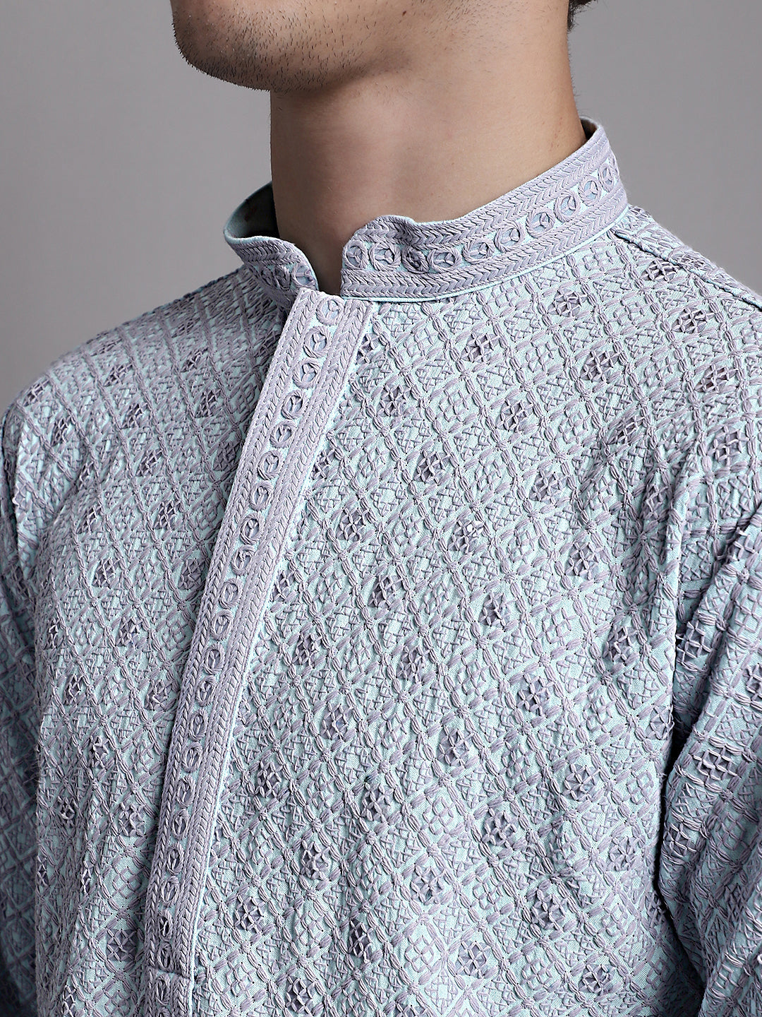 Jompers Men's Blue Chikankari Embroidered and Sequence Kurta with Pyjama