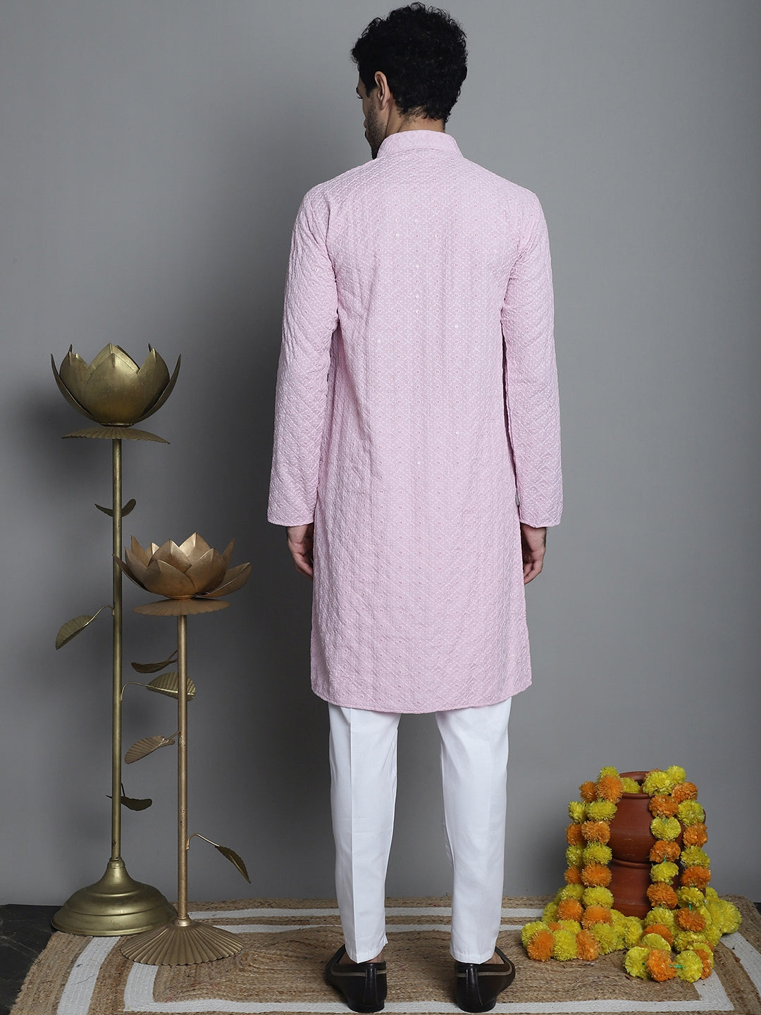 Jompers Men's Chikankari Embroidered and Sequence Kurta with Pyjama - Magenta