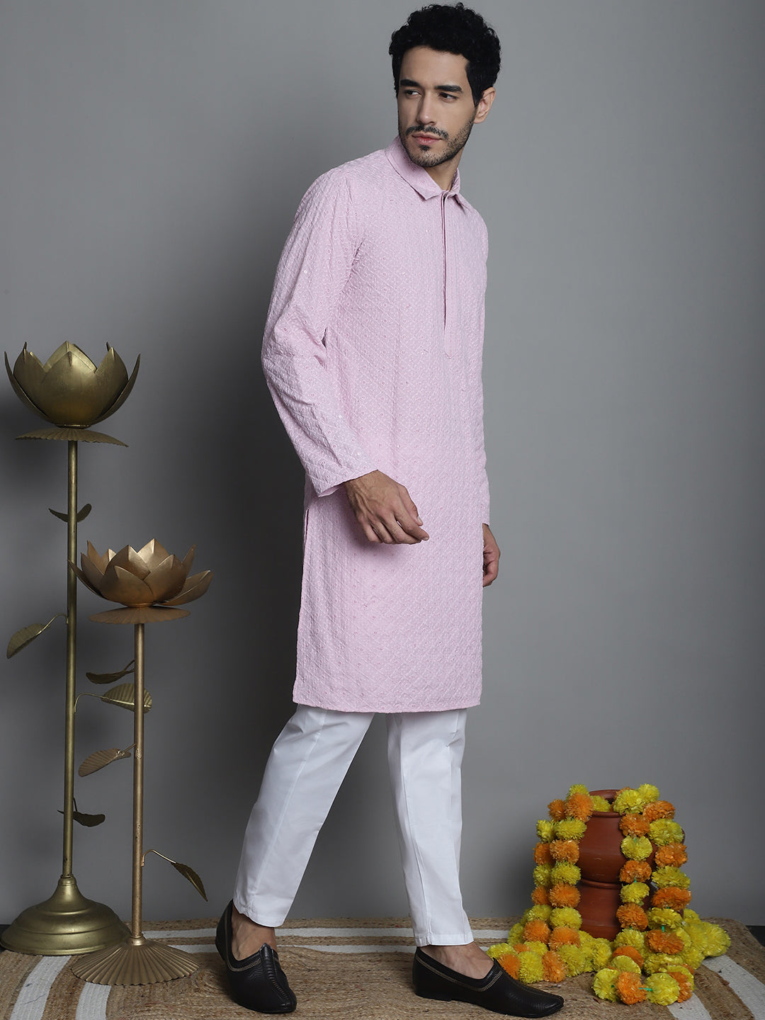 Jompers Men's Chikankari Embroidered and Sequence Kurta with Pyjama - Magenta