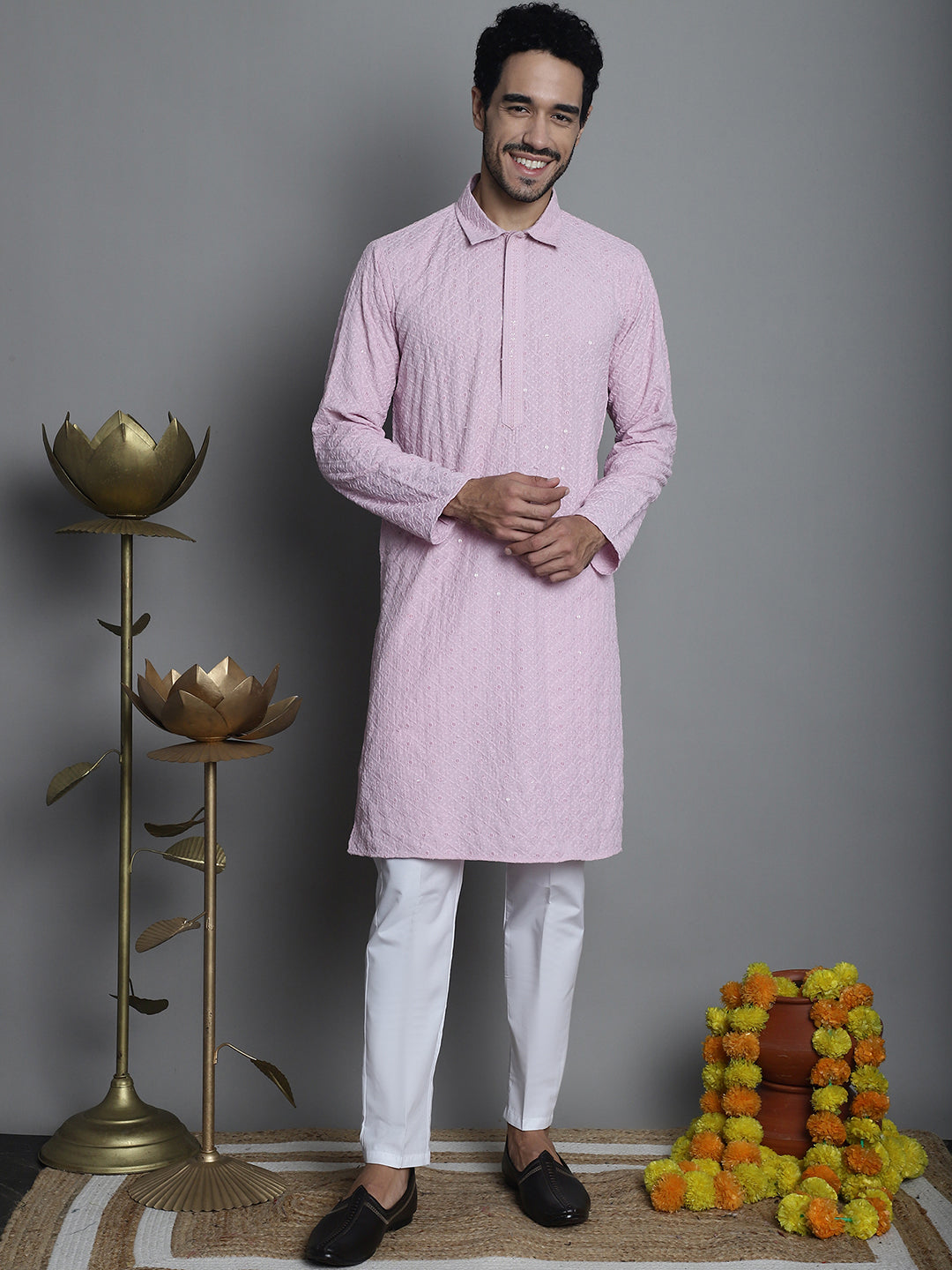 Jompers Men's Chikankari Embroidered and Sequence Kurta with Pyjama - Magenta