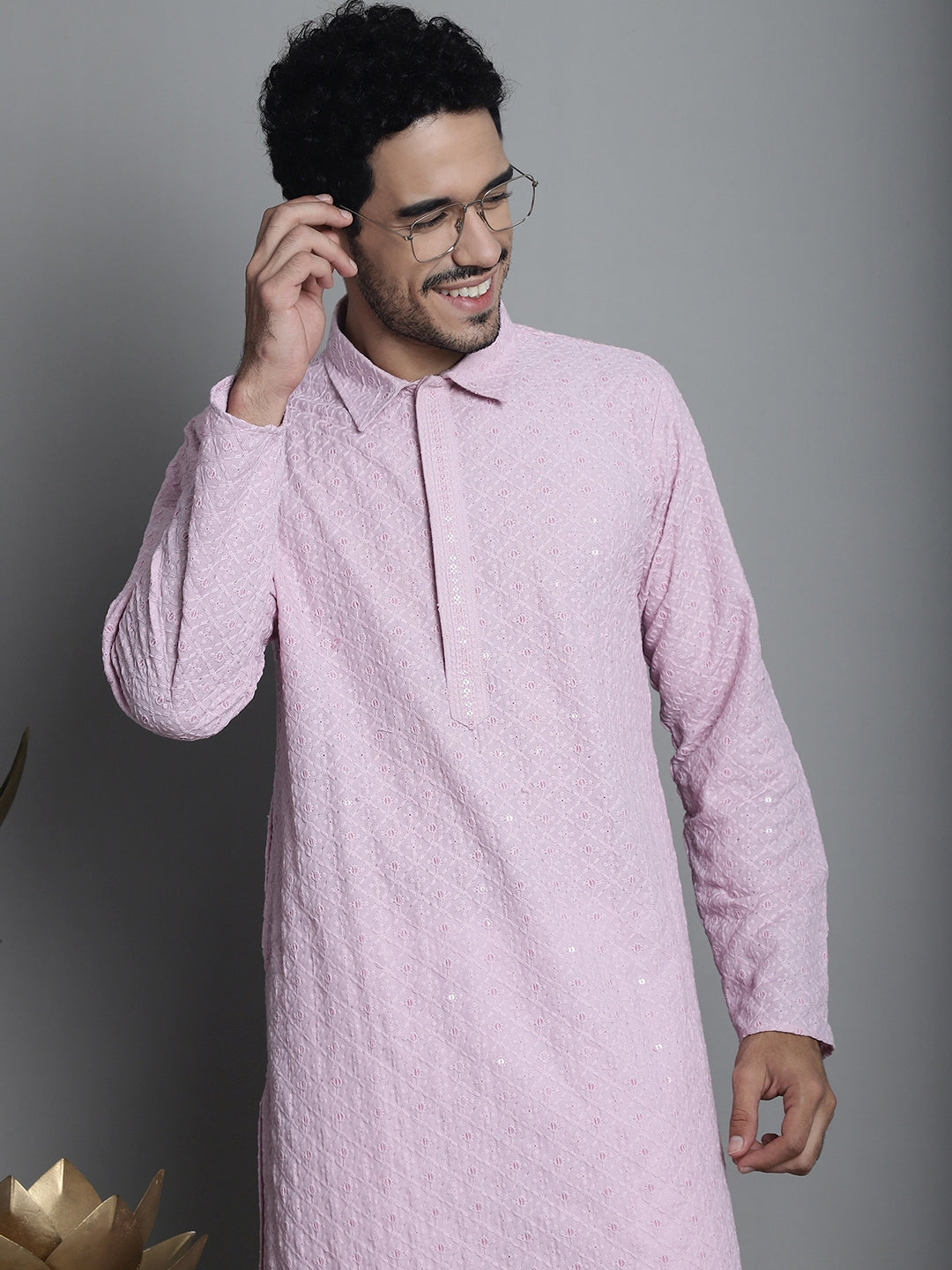 Jompers Men's Chikankari Embroidered and Sequence Kurta with Pyjama - Magenta