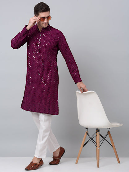 Jompers Men's Purple Embroidered Sequinned Kurta with Churidar
