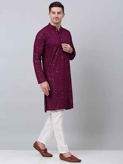 Jompers Men's Purple Embroidered Sequinned Kurta with Churidar
