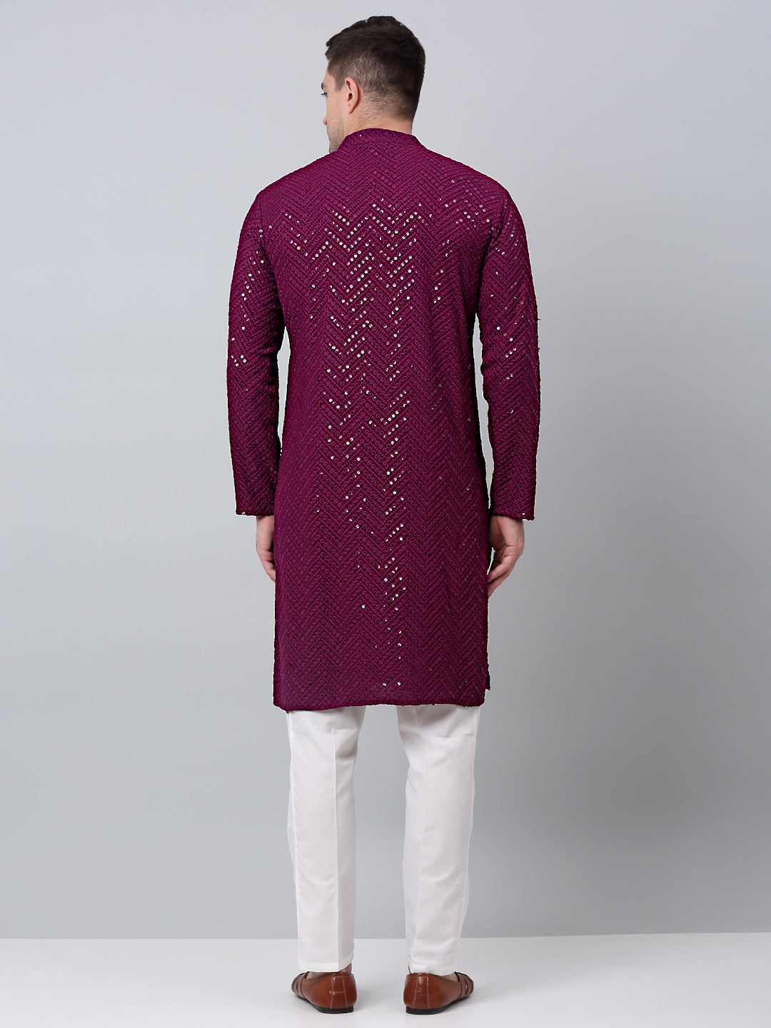 Jompers Men's Purple Embroidered Sequinned Kurta with Churidar