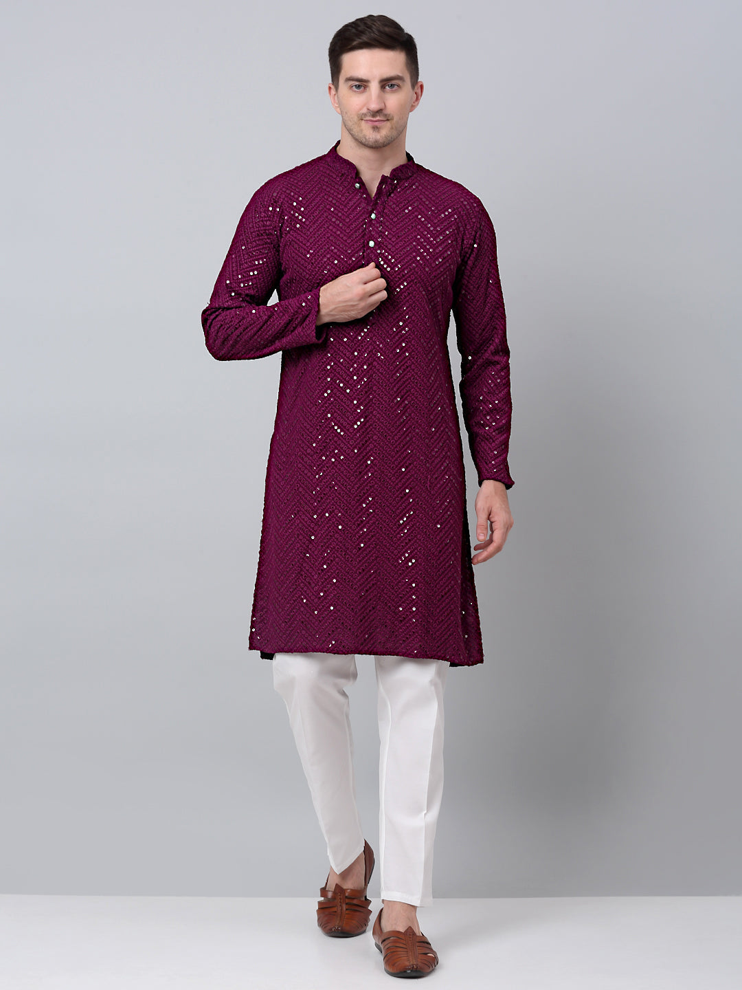 Jompers Men's Purple Embroidered Sequinned Kurta with Churidar