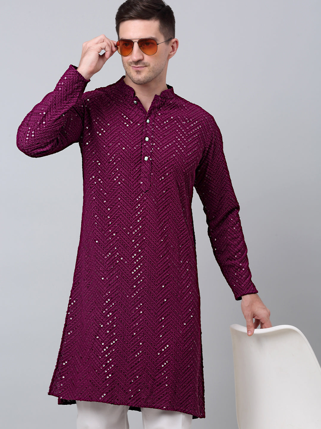 Jompers Men's Purple Embroidered Sequinned Kurta with Churidar