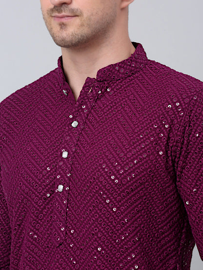 Jompers Men's Purple Embroidered Sequinned Kurta with Churidar