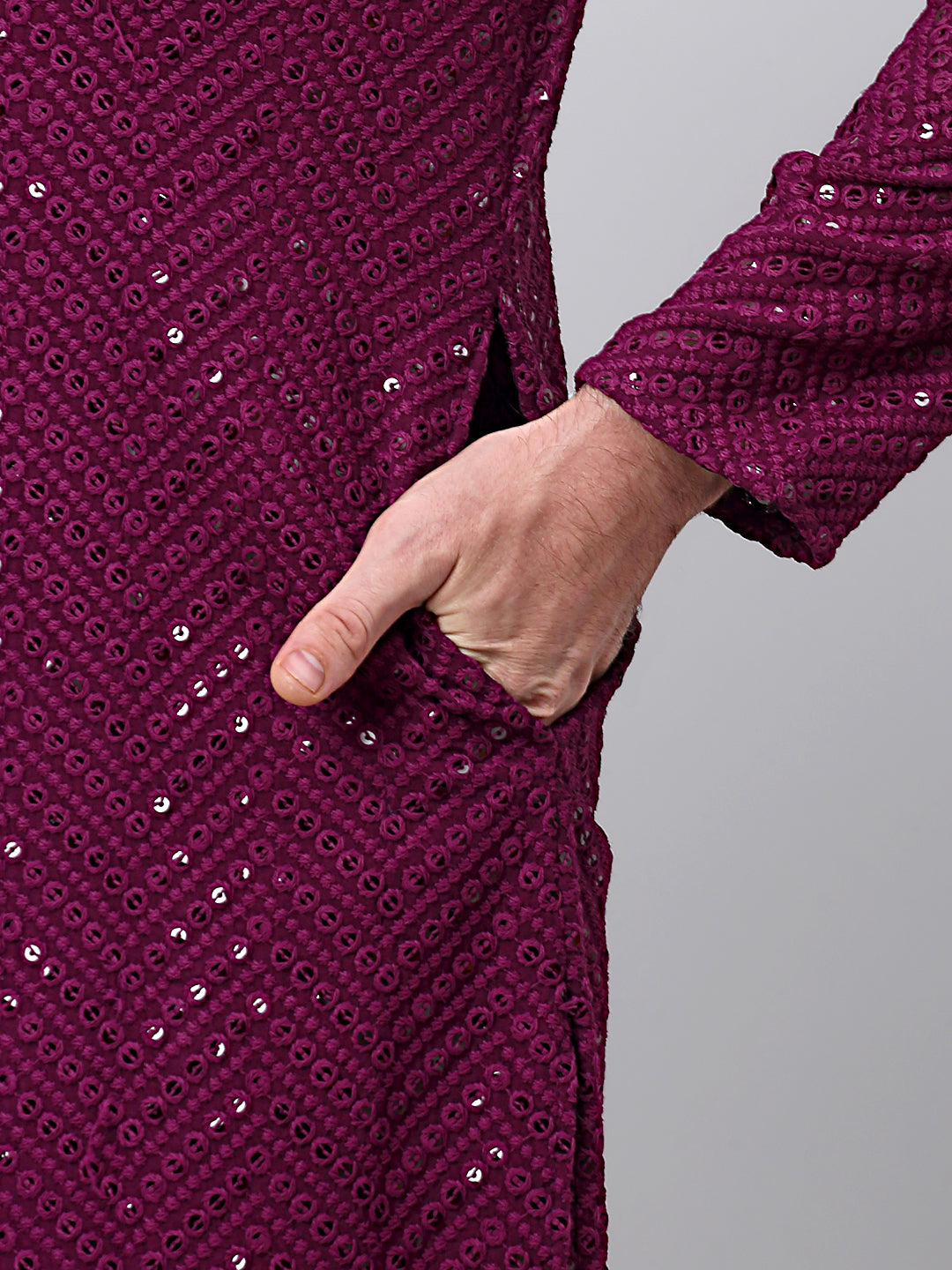 Jompers Men's Purple Embroidered Sequinned Kurta with Churidar