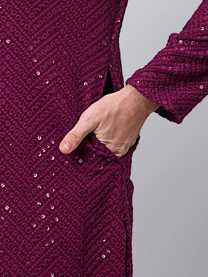 Jompers Men's Purple Embroidered Sequinned Kurta with Churidar