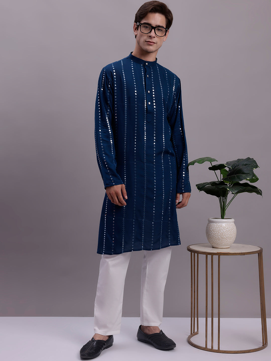 Jompers Men's Embroidered Mirror Work Kurta Payjama Sets - Peacock