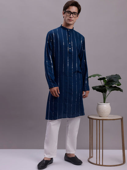 Jompers Men's Embroidered Mirror Work Kurta Payjama Sets - Peacock
