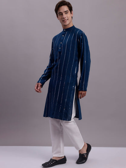Jompers Men's Embroidered Mirror Work Kurta Payjama Sets - Peacock