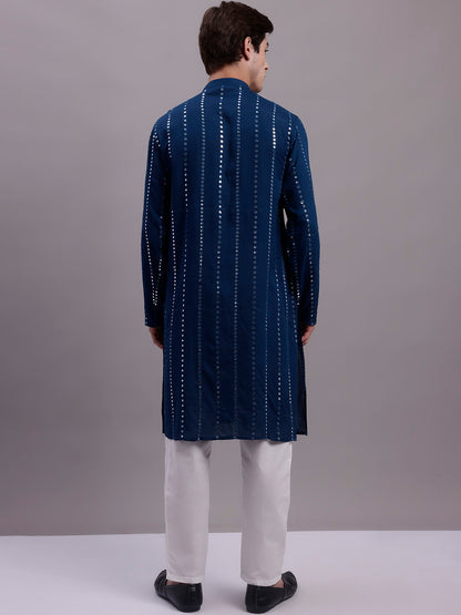 Jompers Men's Embroidered Mirror Work Kurta Payjama Sets - Peacock