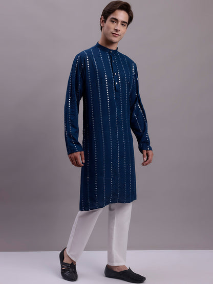 Jompers Men's Embroidered Mirror Work Kurta Payjama Sets - Peacock