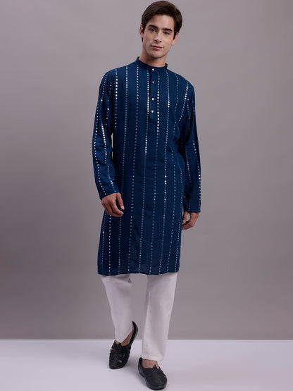 Jompers Men's Embroidered Mirror Work Kurta Payjama Sets - Peacock
