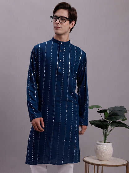 Jompers Men's Embroidered Mirror Work Kurta Payjama Sets - Peacock