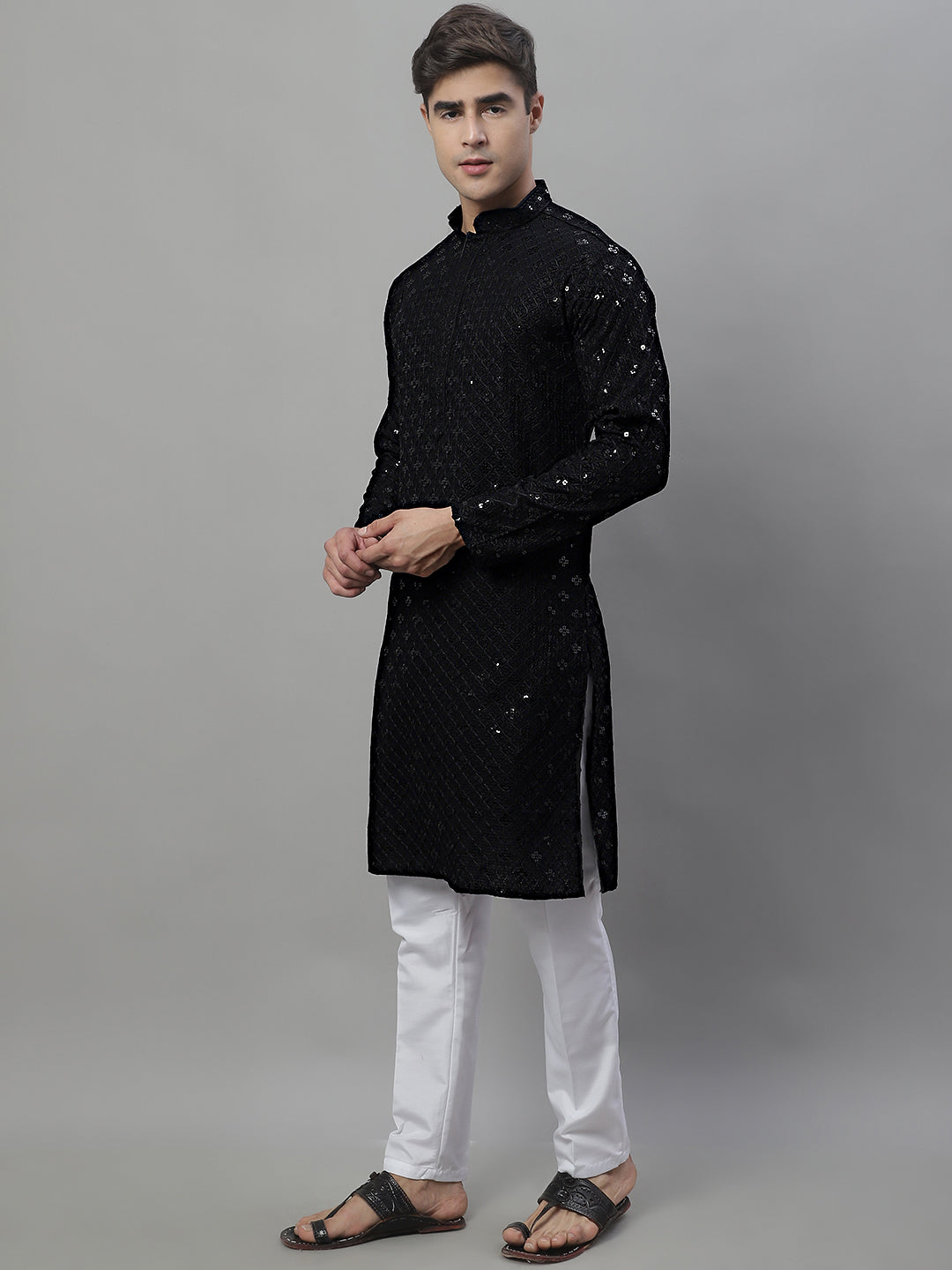 Jompers Men's Black Chikankari Embroidered and Sequence Kurta with Pyjama