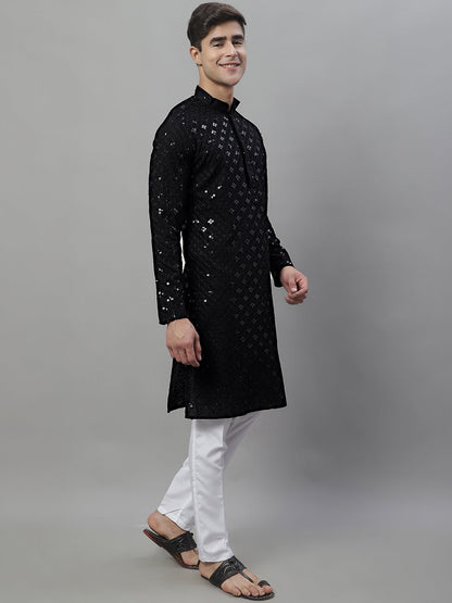 Jompers Men's Black Chikankari Embroidered and Sequence Kurta with Pyjama