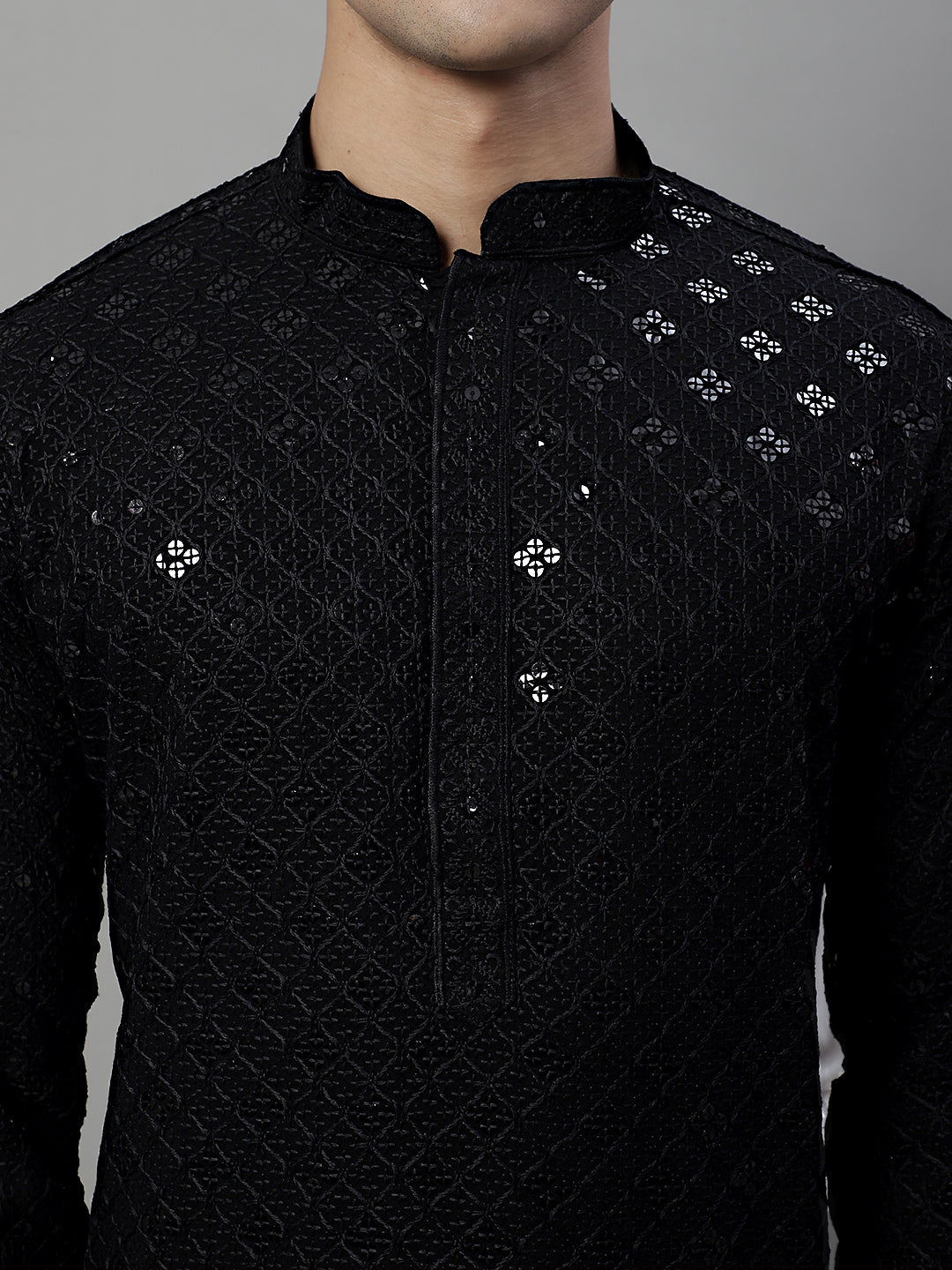 Jompers Men's Black Chikankari Embroidered and Sequence Kurta with Pyjama