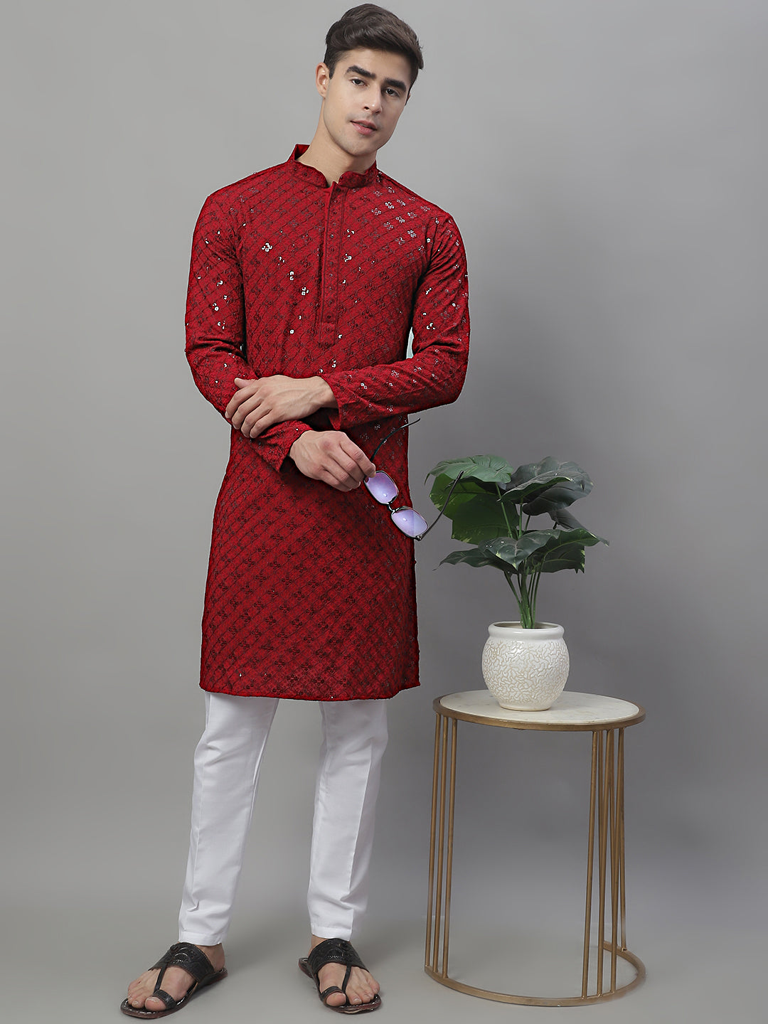 Jompers Men's Maroon Chikankari Embroidered and Sequence Kurta with Pyjama