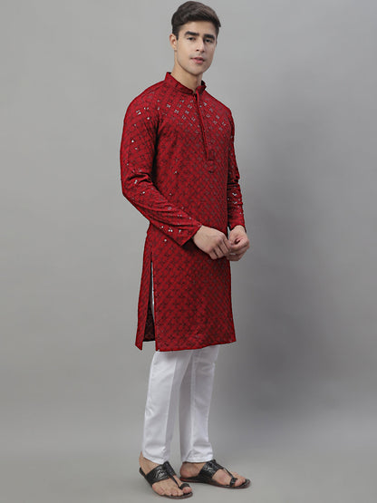 Jompers Men's Maroon Chikankari Embroidered and Sequence Kurta with Pyjama