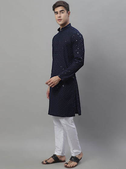 Jompers Men's Navy Blue Chikankari Embroidered and Sequence Kurta with Pyjama