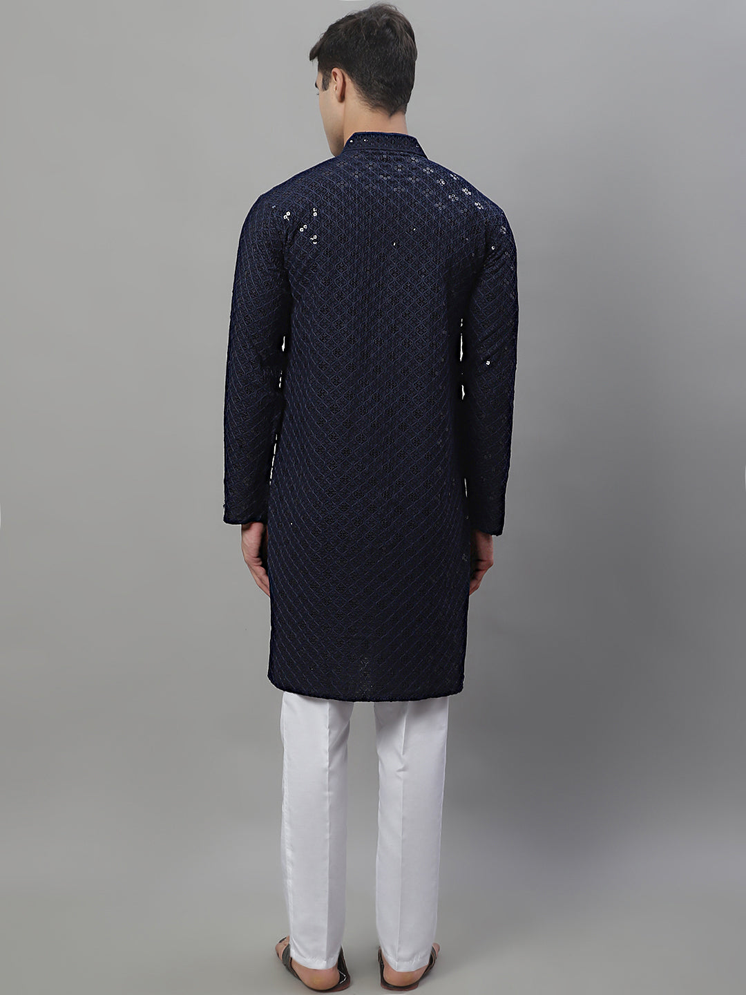Jompers Men's Navy Blue Chikankari Embroidered and Sequence Kurta with Pyjama