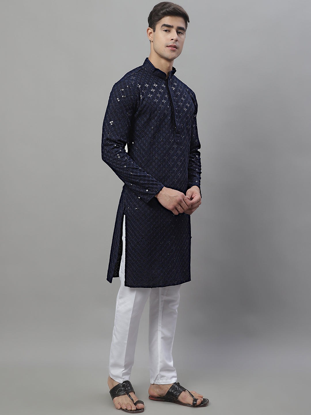 Jompers Men's Navy Blue Chikankari Embroidered and Sequence Kurta with Pyjama