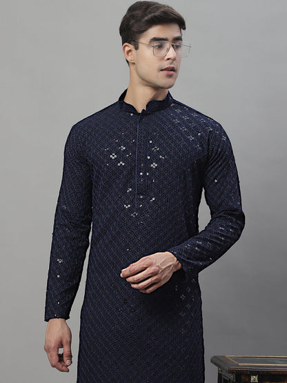 Jompers Men's Navy Blue Chikankari Embroidered and Sequence Kurta with Pyjama