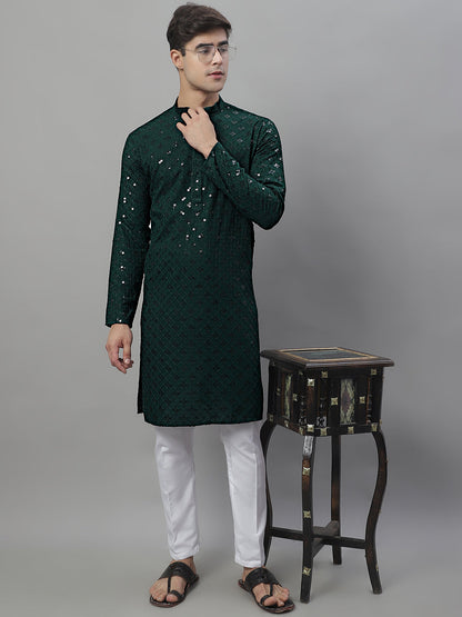 Jompers Men's Olive Green Chikankari Embroidered and Sequence Kurta with Pyjama