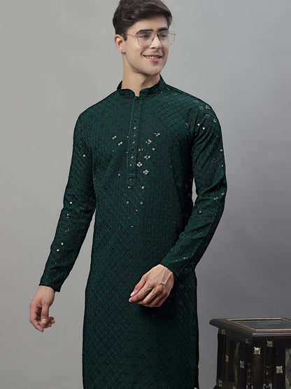 Jompers Men's Olive Green Chikankari Embroidered and Sequence Kurta with Pyjama
