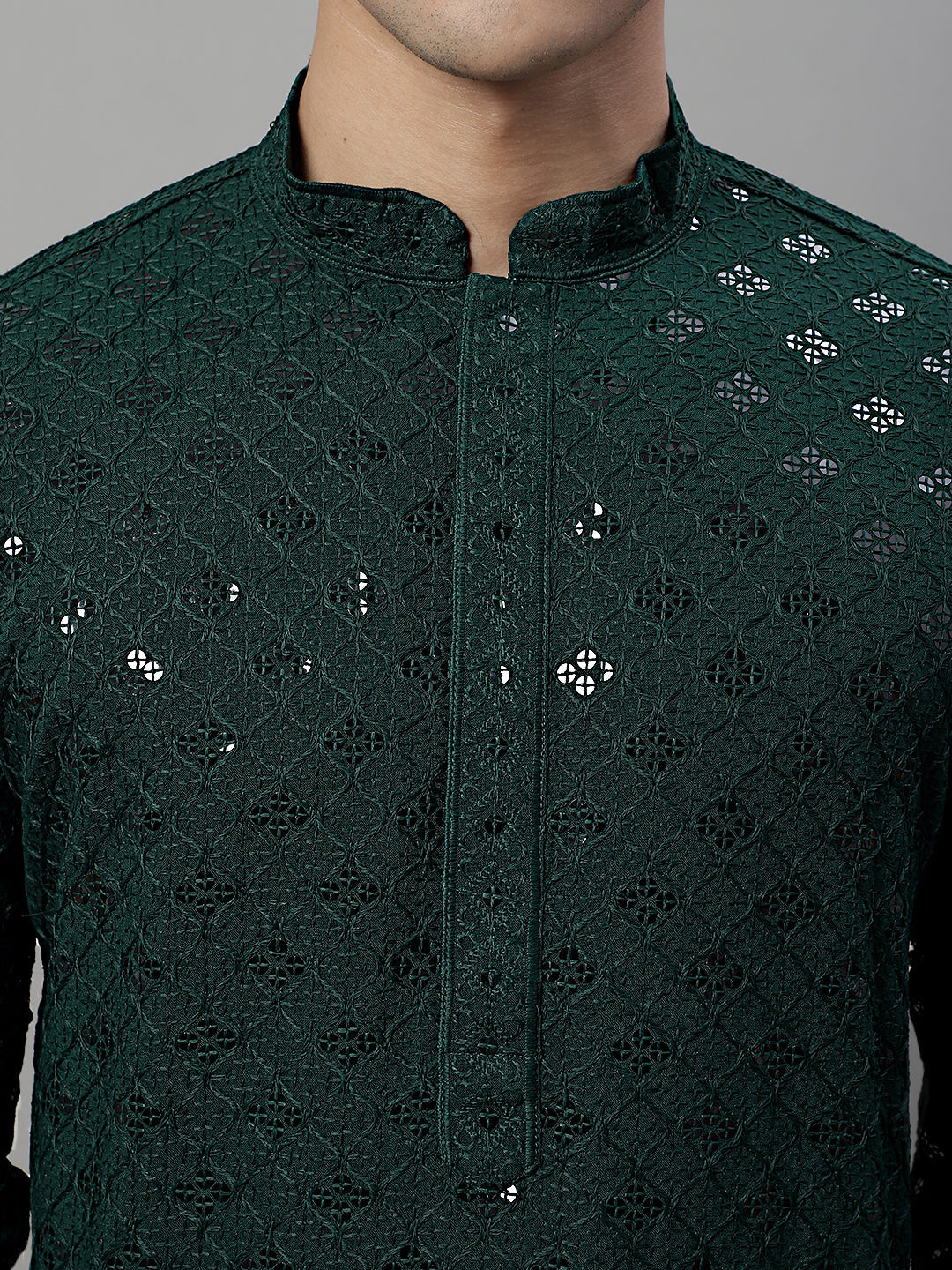 Jompers Men's Olive Green Chikankari Embroidered and Sequence Kurta with Pyjama