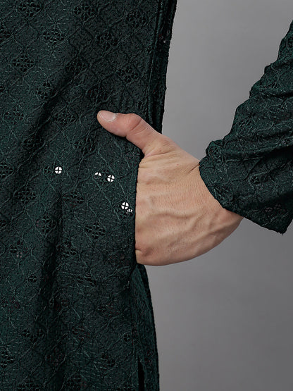 Jompers Men's Olive Green Chikankari Embroidered and Sequence Kurta with Pyjama