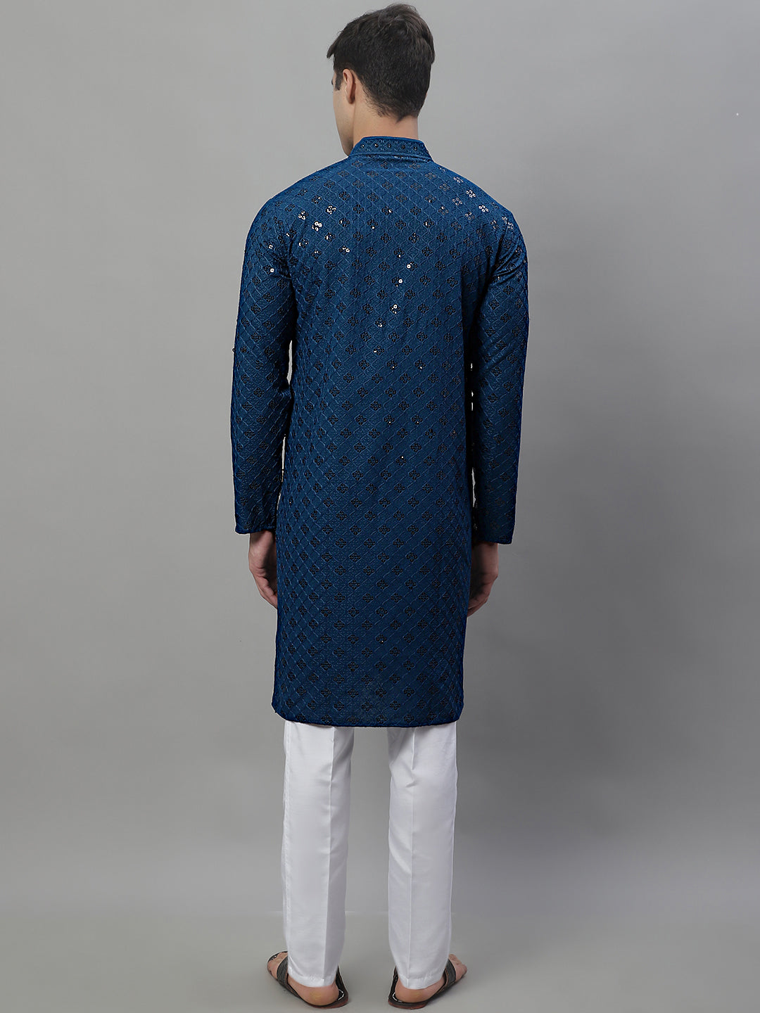 Jompers Men's Peacock Blue Chikankari Embroidered and Sequence Kurta with Pyjama