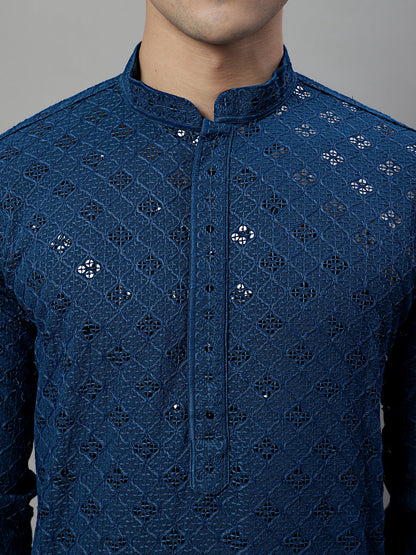 Jompers Men's Peacock Blue Chikankari Embroidered and Sequence Kurta with Pyjama