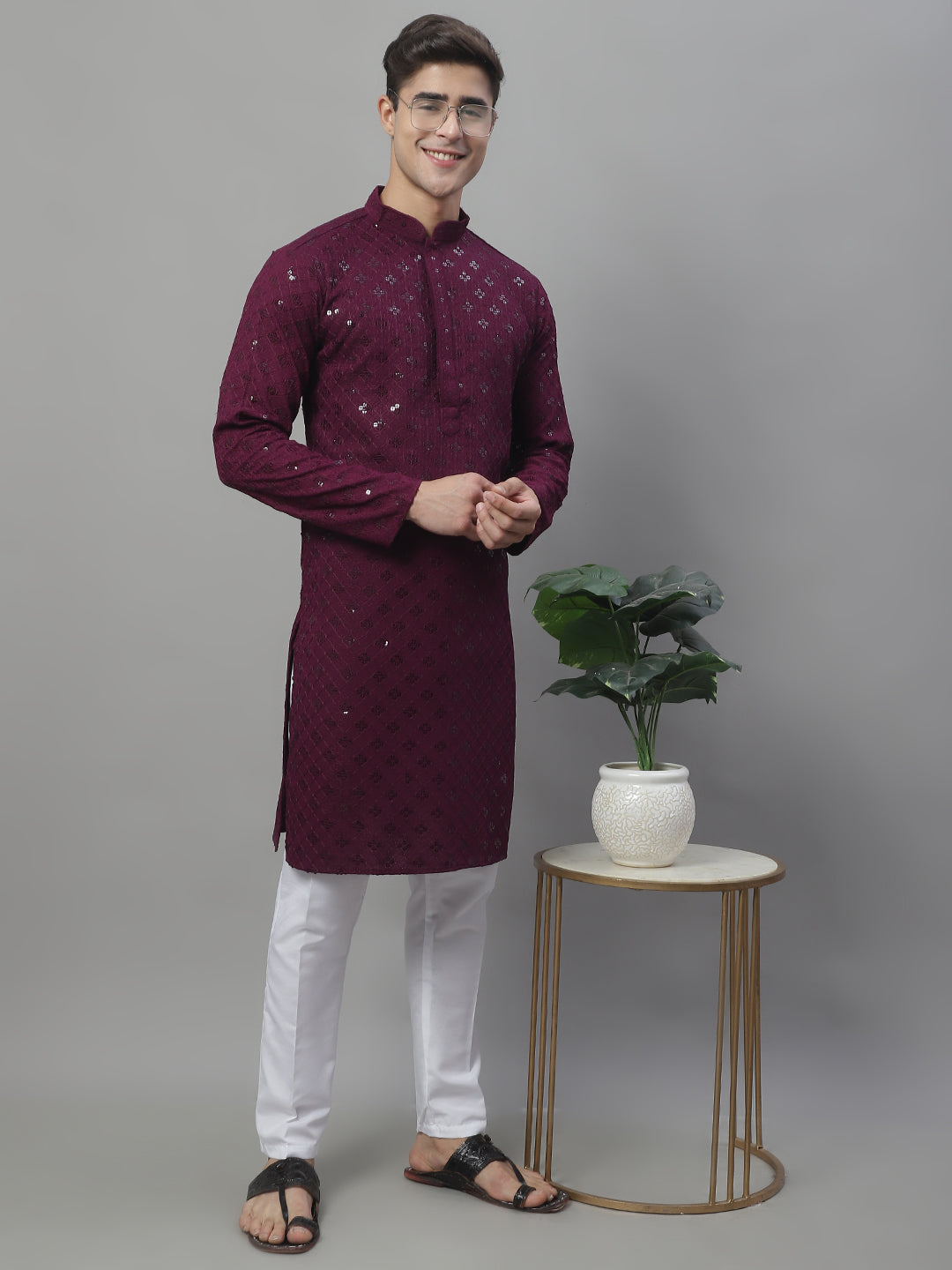 Jompers Men's Purple Chikankari Embroidered and Sequence Kurta with Pyjama