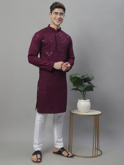 Jompers Men's Purple Chikankari Embroidered and Sequence Kurta with Pyjama