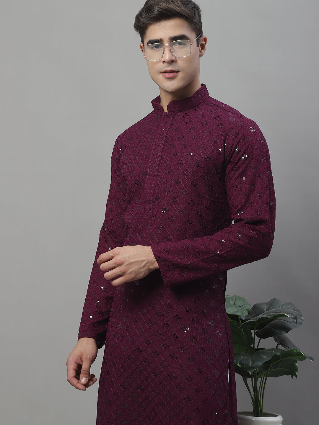 Jompers Men's Purple Chikankari Embroidered and Sequence Kurta with Pyjama
