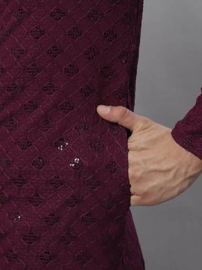 Jompers Men's Purple Chikankari Embroidered and Sequence Kurta with Pyjama
