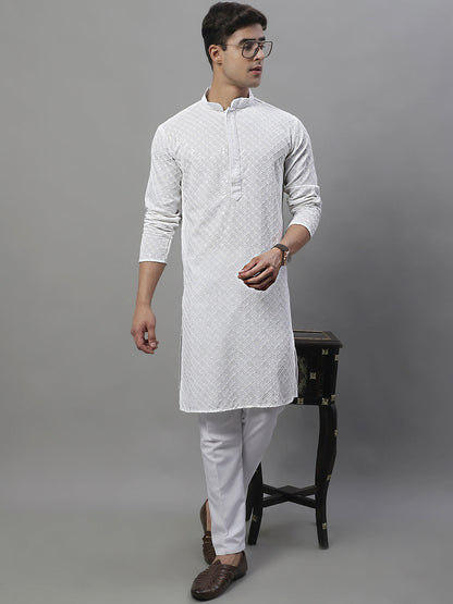 Jompers Men's White Chikankari Embroidered and Sequence Kurta with Pyjama