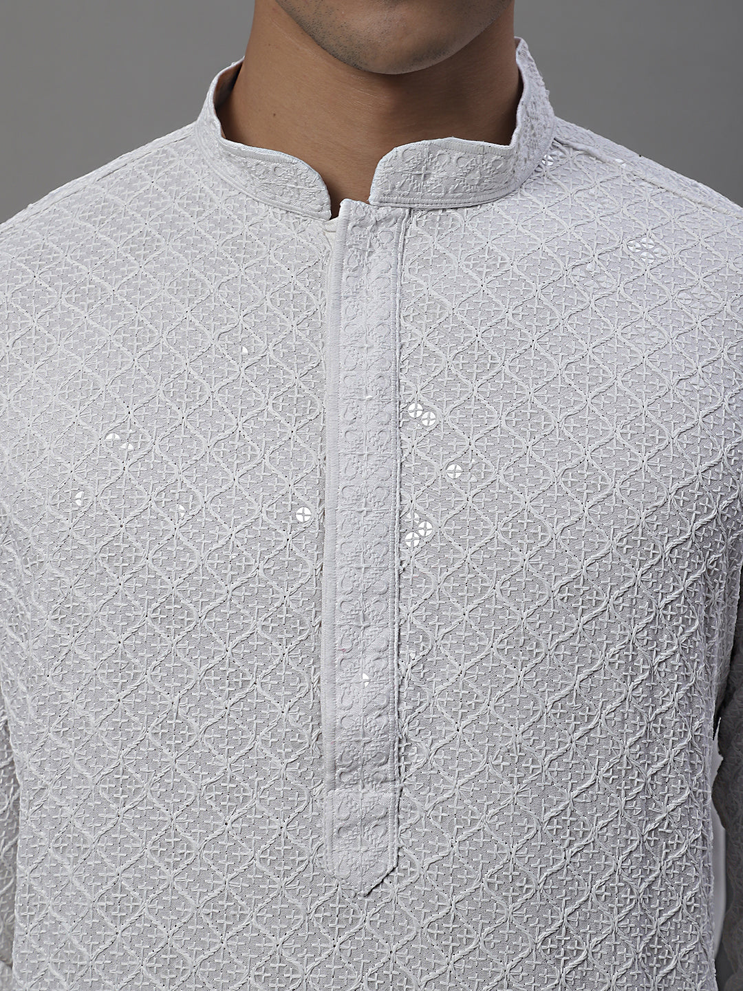 Jompers Men's White Chikankari Embroidered and Sequence Kurta with Pyjama