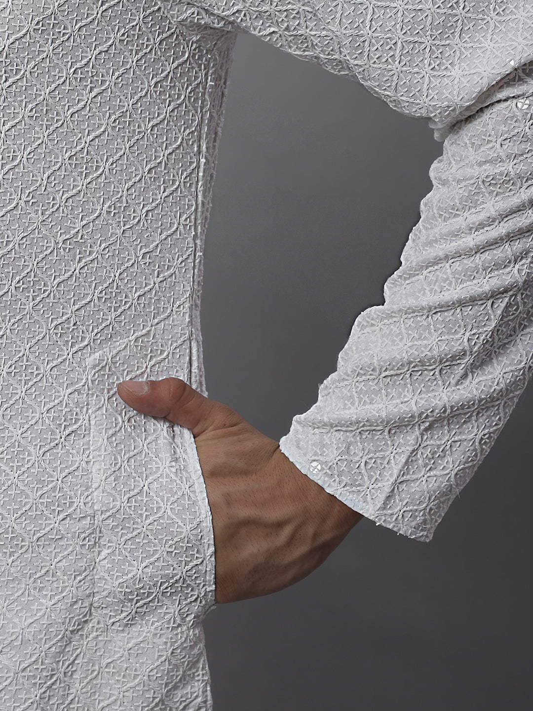 Jompers Men's White Chikankari Embroidered and Sequence Kurta with Pyjama