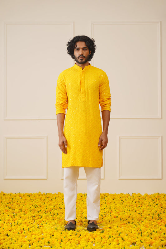 Jompers Men's Yellow Chikankari Embroidered and Sequence Kurta with Pyjama