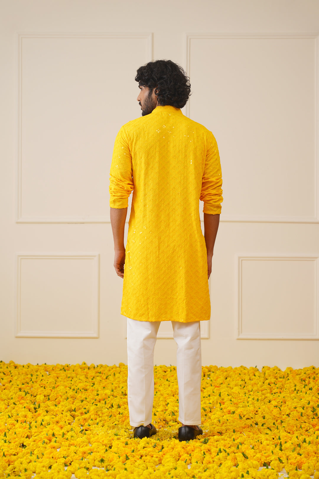 Jompers Men's Yellow Chikankari Embroidered and Sequence Kurta with Pyjama
