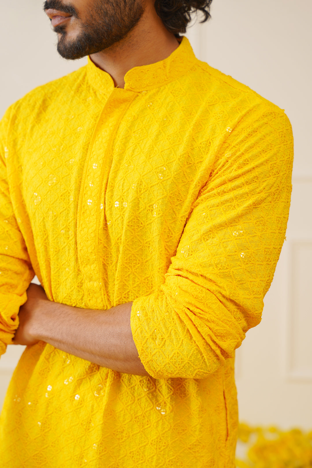 Jompers Men's Yellow Chikankari Embroidered and Sequence Kurta with Pyjama
