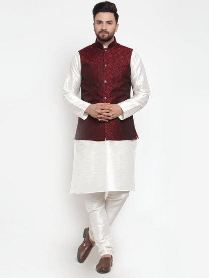 Jompers Men's Solid Dupion Kurta Pajama with Woven Jacquard Waistcoat (Maroon)