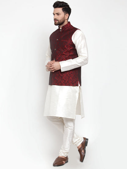 Jompers Men's Solid Dupion Kurta Pajama with Woven Jacquard Waistcoat (Maroon)